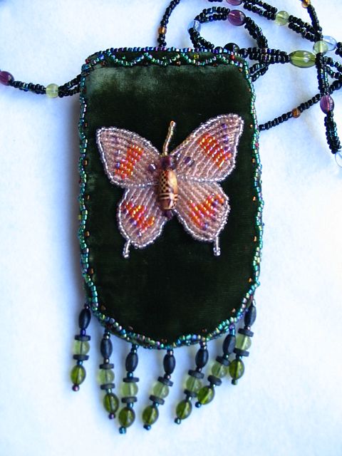 Olive green cell phone holder w/ pink butterfly